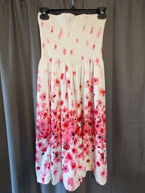 Women's White Strapless Floral Sundress with Pink Print Sz. L